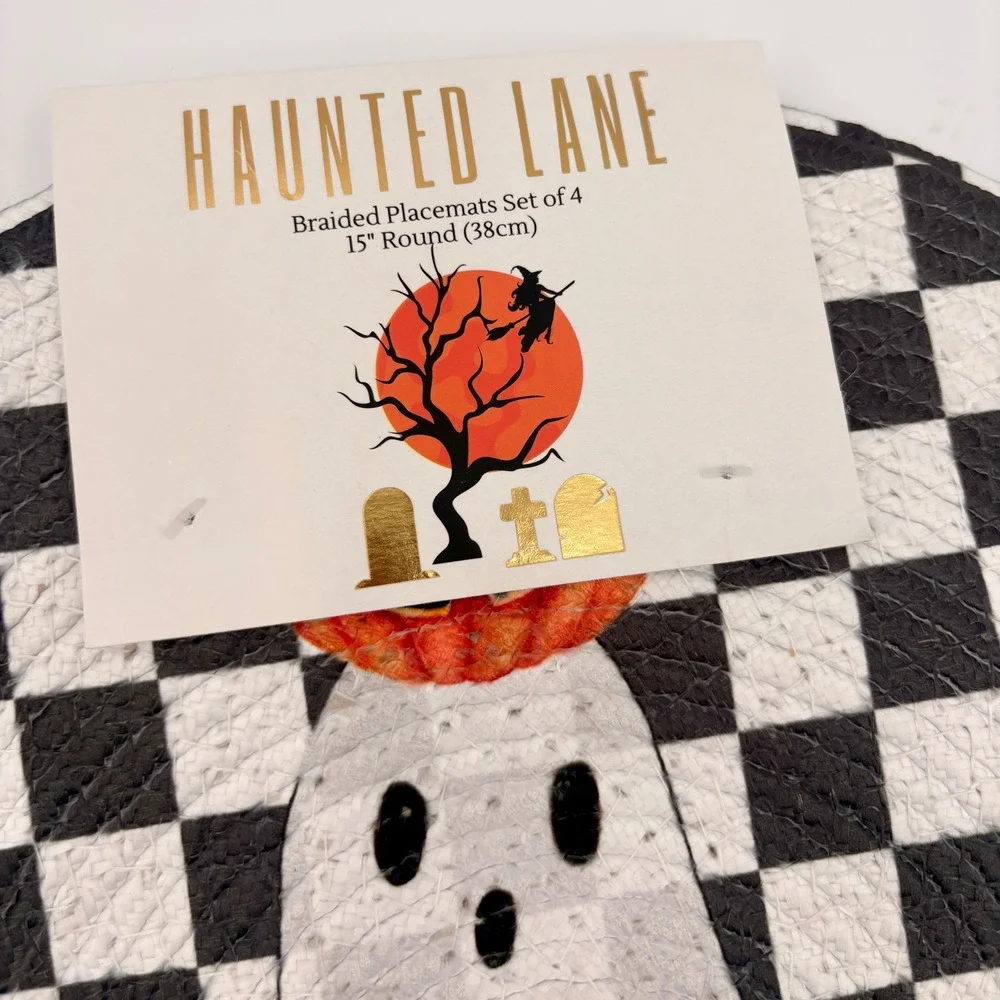 Haunted Lane Halloween Braided Placemats Set of 4 Ghost Pumpkin Checkered 15in